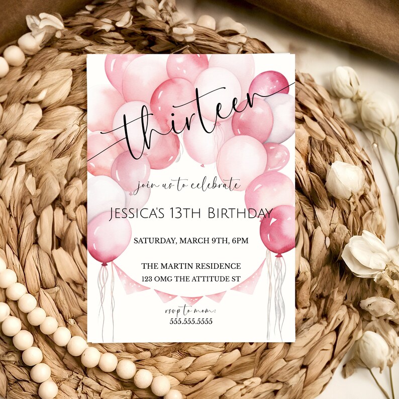 Girl's 13th Birthday Pink Balloon Invite, Teenager Birthday Party Invitation, From Tween To Teen, Pink Birthday Party, Digital Invite