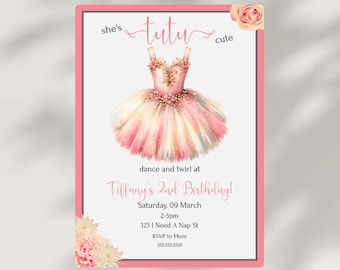 2nd Birthday She's Tutu Cute Pink And Gold Ballerina Invitation Dance And Twirl Party Editable Digital Download