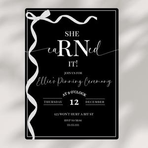 Nursing Graduation Invitation White Bow RN Grad Announcement Nurse Pinning Ceremony Class Of 2025 Invitation Template Custom Graduation
