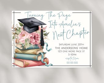 Invitación a fiesta de graduación del próximo capítulo Anuncio floral de graduación Pila de libros 2025 Plantilla editable de graduación personalizada Graduados de secundaria y universidad