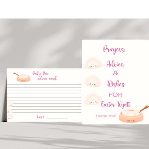 Nota imprimible con consejos y deseos sobre dumplings para bebé: nota para baby shower de dim sum: tarjeta de consejos editable para baby shower de dumplings: GN002