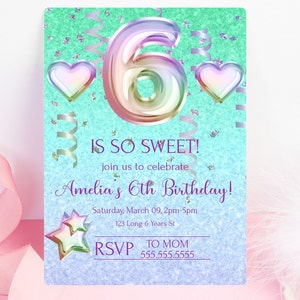 Glitter 6th Birthday Invitation- Foil Balloon Editable Invitation- Girl ...