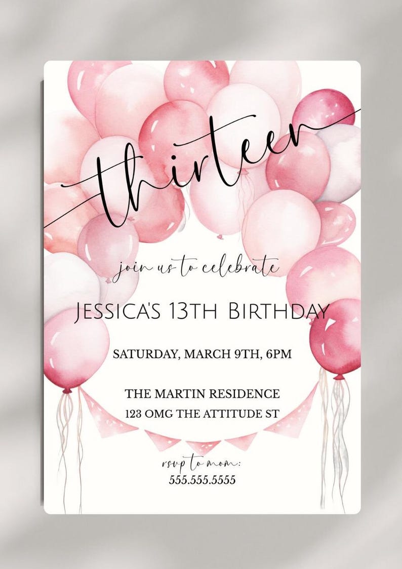 Girl's 13th Birthday Pink Balloon Invite, Teenager Birthday Party Invitation, From Tween To Teen, Pink Birthday Party, Digital Invite