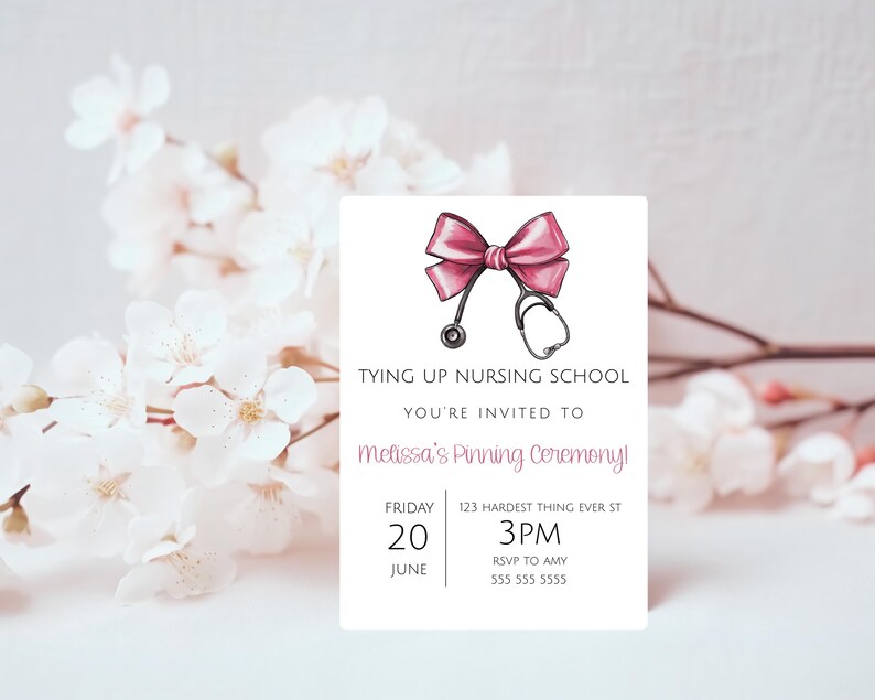 Nurse Ceremony, Stethoscope Bow LPN Pinning Ceremony Graduation Party Invite Nurse Class Of 2025 Printable Invitation Graduation Template