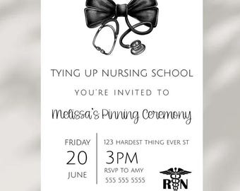 Nurse Graduation, RN Grad Party Invite, Black Bow Nurse Pinning Ceremony Class Of 2026 Printable Invitation Graduation Template