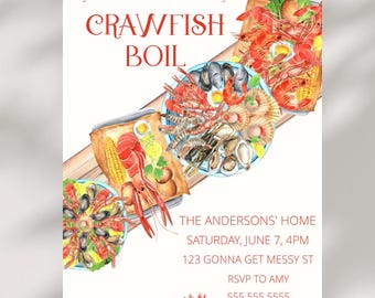 May include: Invitation to a crawfish boil at The Andersons' home on Saturday, June 7th at 4 PM. The address is 123 Gonna Get Messy St. RSVP to Amy at 555-555-5555. The invitation features a watercolor illustration of crawfish, shrimp, corn, and other seafood.