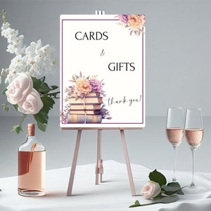 Een nieuw hoofdstuk paarse bloemen bibliotheek thema bruids douche decor kaarten en geschenken bord, verhalenboek douche cadeau tafel bord, koppels bruids- BC