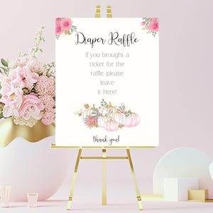 Boho Pink Floral Pumpkin Shower Diaper Raffle Sign Fall Baby Shower Diaper Ticket Sign, Pink Baby Shower Signage, Pink And Gold Floral- GN2
