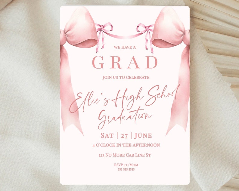 Coquette Bow Pink Graduation Invitation- Coquette Graduation- Class of 2024 Graduation Invite- Pink Bow Invitation Editable