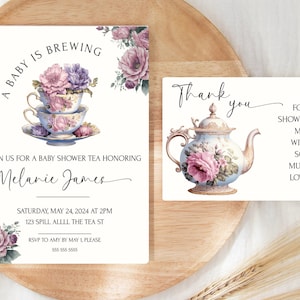 A Baby Is Brewing Tea Party Invitation- Baby Shower Tea Party- Let's Par Tea- Spring Tea Template- Editable Tea Baby Shower Invitation Set