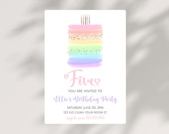 5th Birthday Pastel Invitation Party Watercolor Rainbow Invite Cake And Candles Editable Birthday Party Printable Template- Q1