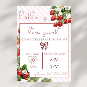 Two Sweet 2nd Birthday Strawberry Party Invite Editable Birthday Invitation Customizable Digital Or Printable Invitation- 2B