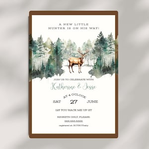 Jagd-Babyparty-neuer kleiner Jäger, Einladungsvorlage, Hirsch-Jagd-Dusche, Jungen-Babyparty, Waldtiere, digitaler Download