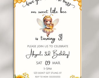 Sweet To Bee Three Bumble Bee Invito per la festa di terzo compleanno a tema ape per il terzo compleanno Api con fiori Invito stampabile - Y1