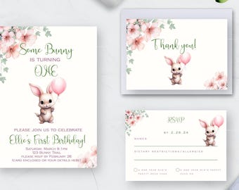 Baby Bunny Birthday Party Some Bunny Is One Invitation Bundle Easter Birthday Bunny Party Editable Template Girl's First Birthday- KBB
