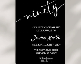 90th Birthday Dinner Invitation Template Woman's 90th Birthday Digital Invite- Black And White Invite- 90th Birthday Ideas- Editable