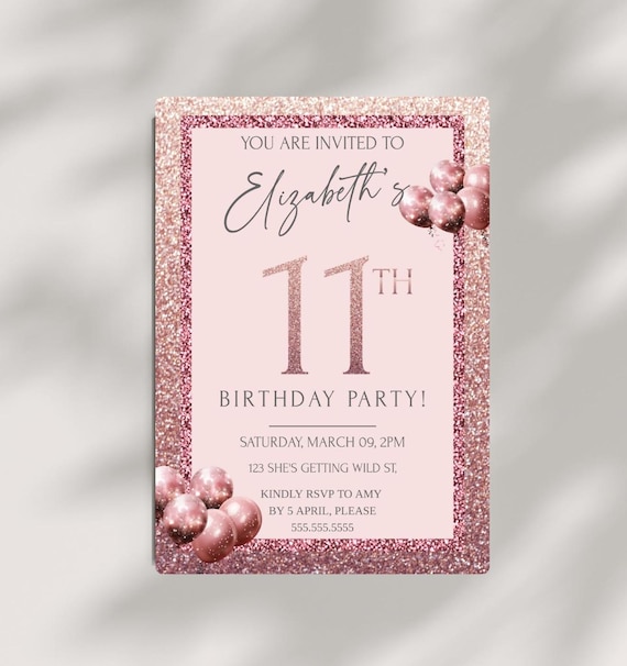 TSVATE Geburtstagskarte Zum 11. Geburtstag – Rosa Mit Glitzer, 20,6x14,5 Cm | Personalisierbar, Für Mädchen