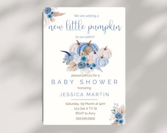 May include: A blue and white baby shower invitation with a watercolour illustration of pumpkins and flowers. The text reads "We are adding a new little pumpkin to our patch!" and "Baby Shower honouring Jessica Martin".