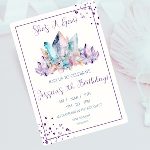 She&#39;s A Gem Girl&#39;s Birthday Party Rainbow Gemstone Crystal Invite Geology Party- Gems Birthday Invite- Edit For Any Age