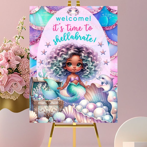 Sirène afro-américaine grande plaque de bienvenue - affiche de bienvenue de la petite sirène noire - décoration de fête sirène - plaque de bienvenue pour fête d'anniversaire de sirène