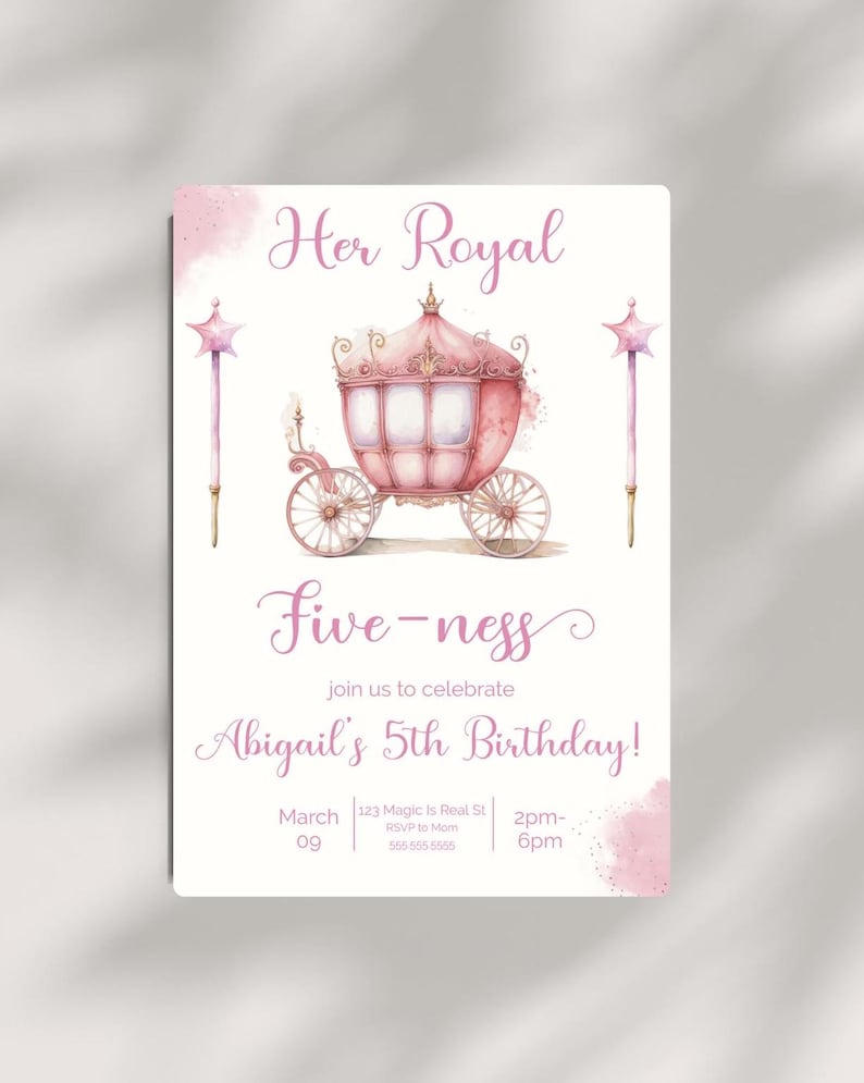 Her Royal Fiveness Invitation Princess Birthday Party 5th Birthday Invite Fiveness Birthday Party Invite Royal Pink Princess Party