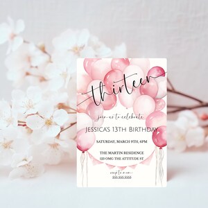 Girl's 13th Birthday Pink Balloon Invite, Teenager Birthday Party Invitation, From Tween To Teen, Pink Birthday Party, Digital Invite