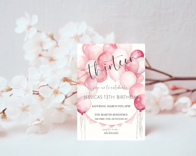 Girl's 13th Birthday Pink Balloon Invite, Teenager Birthday Party Invitation, From Tween To Teen, Pink Birthday Party, Digital Invite