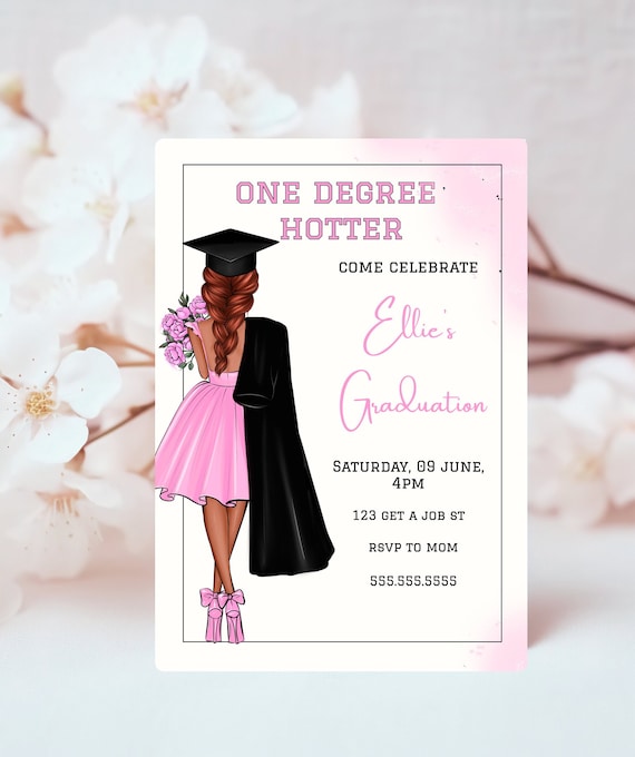 One Degree Hotter Grad Invite- Pink Graduation Invitation Digital Invite-  Girly Graduation Announcement- Red Hair Girl- Elegant Grad Invite - Etsy