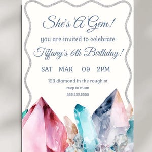 She&#39;s A Gem Girl&#39;s 6th Birthday Crystal Geode Invite- Geology Party- Gemstone Party Invite- Crystal Party- Printable Invitation- E2