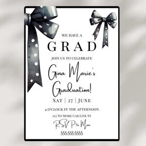 Coquette Black Bow Graduation Announcement Invitation- High School Senior- Class of 2025 Custom Graduation Invite Black Bow Editable- BZ