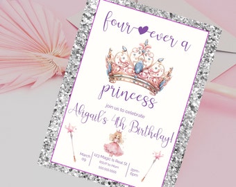May include: A silver glitter background with a white card featuring a purple crown, a wand, and a princess illustration. The text on the card reads "four ever a princess join us to celebrate Abigail's 4th Birthday! March 09 123 Magic Is Real St RSVP to Mom 555-555-5555 2pm-6pm"