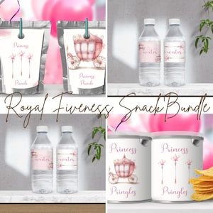 May include: A printable set of party labels featuring a princess theme. The labels include a pink carriage, a wand, and the text "Princess Punch" and "Princess Water".