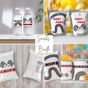 May include: A set of printable snack labels for a race car themed party. The labels feature a checkered flag, a racetrack, and the words "Fast Fuel", "Chips", and "Water".