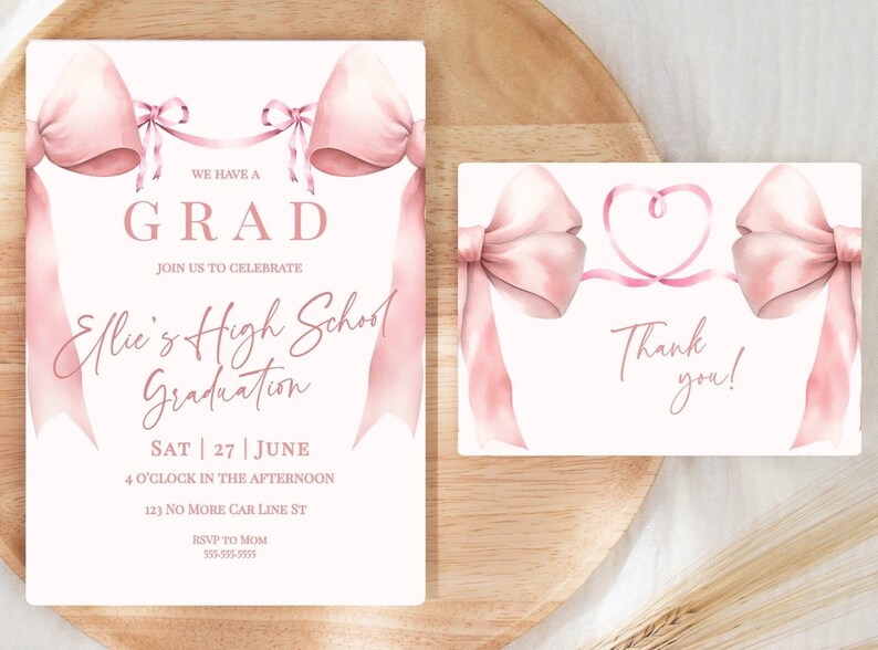 Coquette Bow Pink Graduation Invitation- Coquette Graduation- Class of 2024 Graduation Invite- Pink Bow Invitation Editable