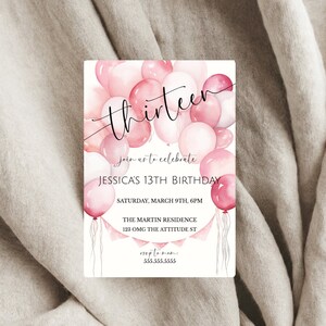 Girl's 13th Birthday Pink Balloon Invite, Teenager Birthday Party Invitation, From Tween To Teen, Pink Birthday Party, Digital Invite