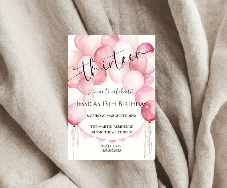 Girl's 13th Birthday Pink Balloon Invite, Teenager Birthday Party Invitation, From Tween To Teen, Pink Birthday Party, Digital Invite