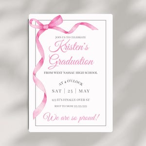 Coquette Graduation- Coquette Bow Pink Graduation Invitation- Class of 2024 Graduation Invite- Pink Bow Invitation Template- Editable