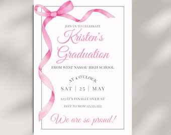 Coquette Graduation- Coquette Bow Pink Graduation Invitation- Class of 2024 Graduation Invite- Pink Bow Invitation Template- Editable