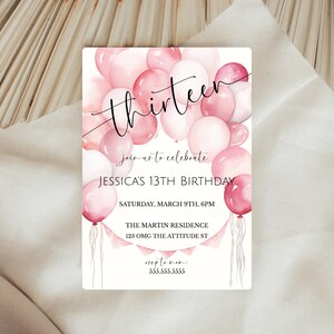 Girl's 13th Birthday Pink Balloon Invite, Teenager Birthday Party Invitation, From Tween To Teen, Pink Birthday Party, Digital Invite