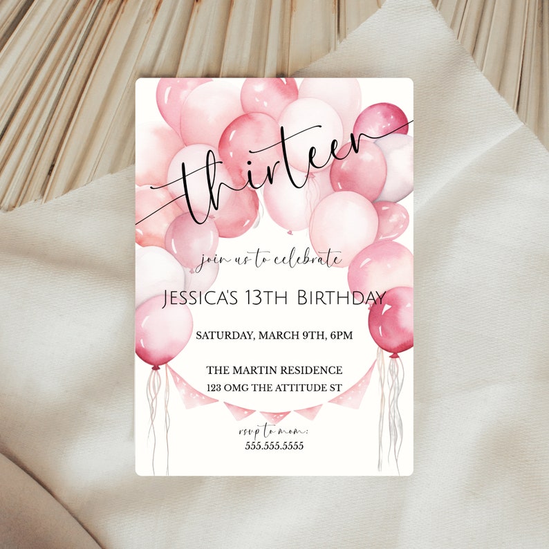 Girl's 13th Birthday Pink Balloon Invite, Teenager Birthday Party Invitation, From Tween To Teen, Pink Birthday Party, Digital Invite