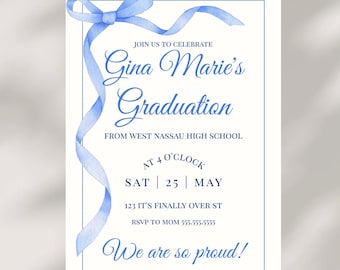 Blue Coquette Bow Graduation Invite Class of 2025 Grad Party Invitation- Graduation Announcement Blue Bow Invitation Template- Editable