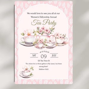Invitación a la fiesta del té del Ministerio de Mujeres - Estudio bíblico para mujeres - Evento de networking del té - Comunidad de mujeres - Descarga digital - OE1