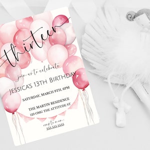Girl's 13th Birthday Pink Balloon Invite, Teenager Birthday Party Invitation, From Tween To Teen, Pink Birthday Party, Digital Invite