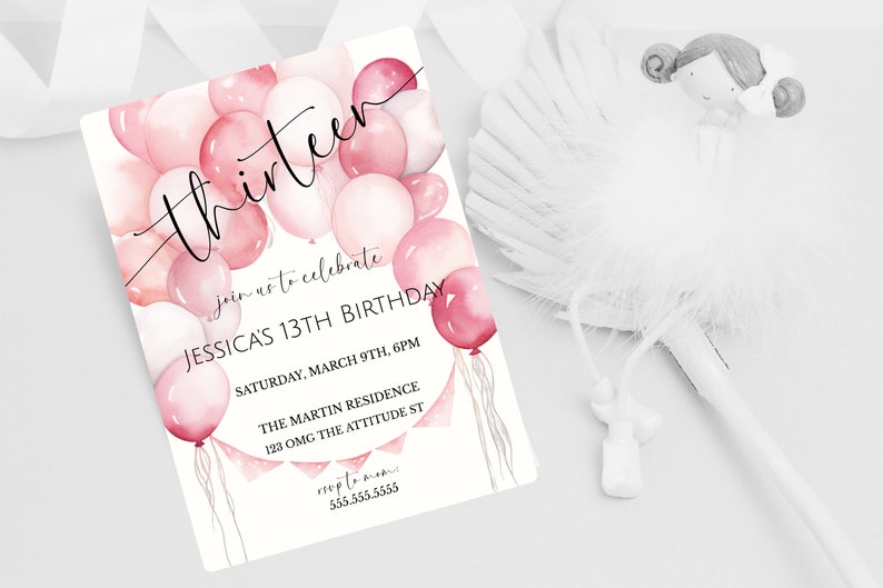 Girl's 13th Birthday Pink Balloon Invite, Teenager Birthday Party Invitation, From Tween To Teen, Pink Birthday Party, Digital Invite