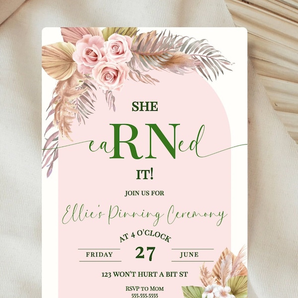 RN Grad Announcement- Boho Nurse Graduation Invitations- RN Class Of 2024- Pinning Ceremony- Invitation Template- Instant Download