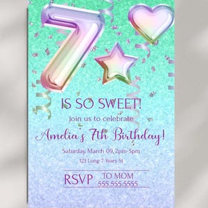 Glitter 7th Birthday Invitation- Foil Balloon Editable Invitation- Girl's 7th Birthday Party Invitation- Editable Template- Digital Download