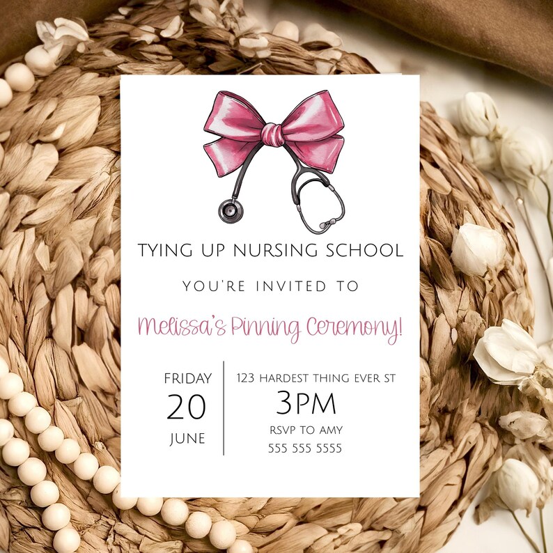 Nurse Ceremony, Stethoscope Bow LPN Pinning Ceremony Graduation Party Invite Nurse Class Of 2025 Printable Invitation Graduation Template