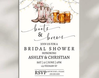 Cowgirl Boots And Brews Western Bridal Shower Invite- Country Chic Bridal Couples Engagement- Boots And Bubbles- Brewery Shower- S2
