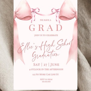 Coquette Bow Pink Graduation Invitation- Coquette Graduation- Class of 2024 Graduation Invite- Pink Bow Invitation Editable