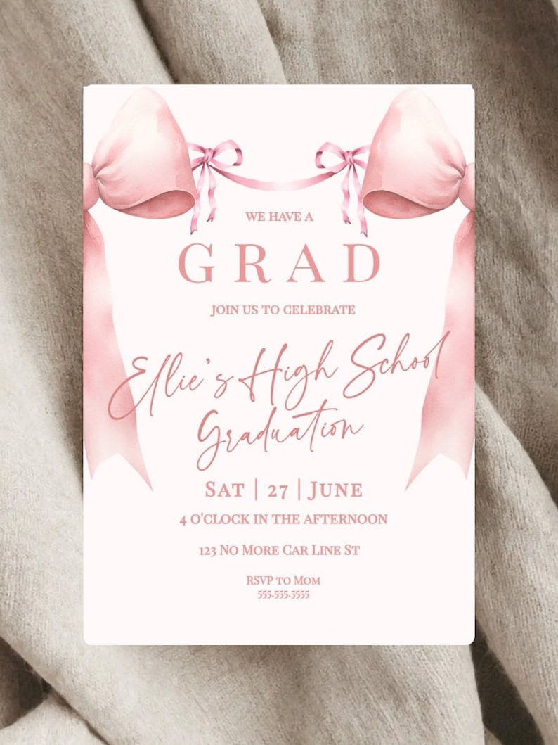 Coquette Bow Pink Graduation Invitation- Coquette Graduation- Class of 2024 Graduation Invite- Pink Bow Invitation Editable